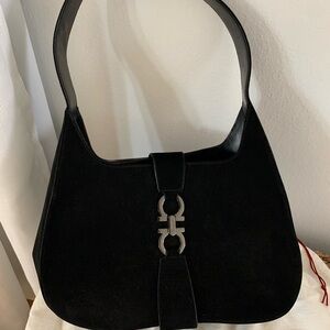 Salvatore Ferragamo Small Black Suede Gancini Single-strap Shoulder Bag EUC